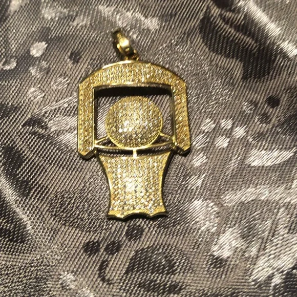 Unisex 925 Sterling Silver Topaz Encrusted Gold Plated Basketball Goal Pendant - Picture 5 of 9